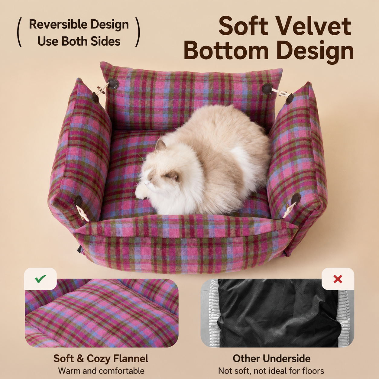 RolyCozy Tartan Pet Bed for Cats & Dogs