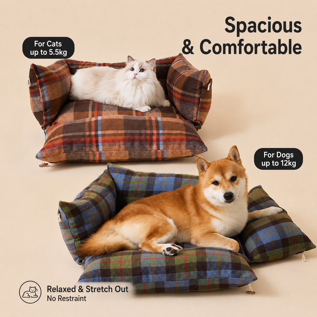 RolyCozy Tartan Pet Bed for Cats & Dogs