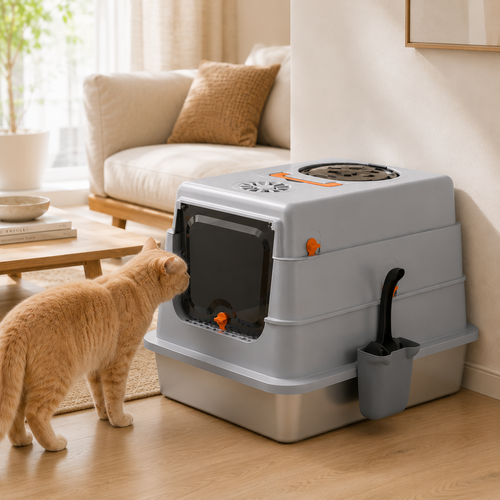 RolyCozy 3-in-1 Stainless Steel Top Entry Cat Litter Box