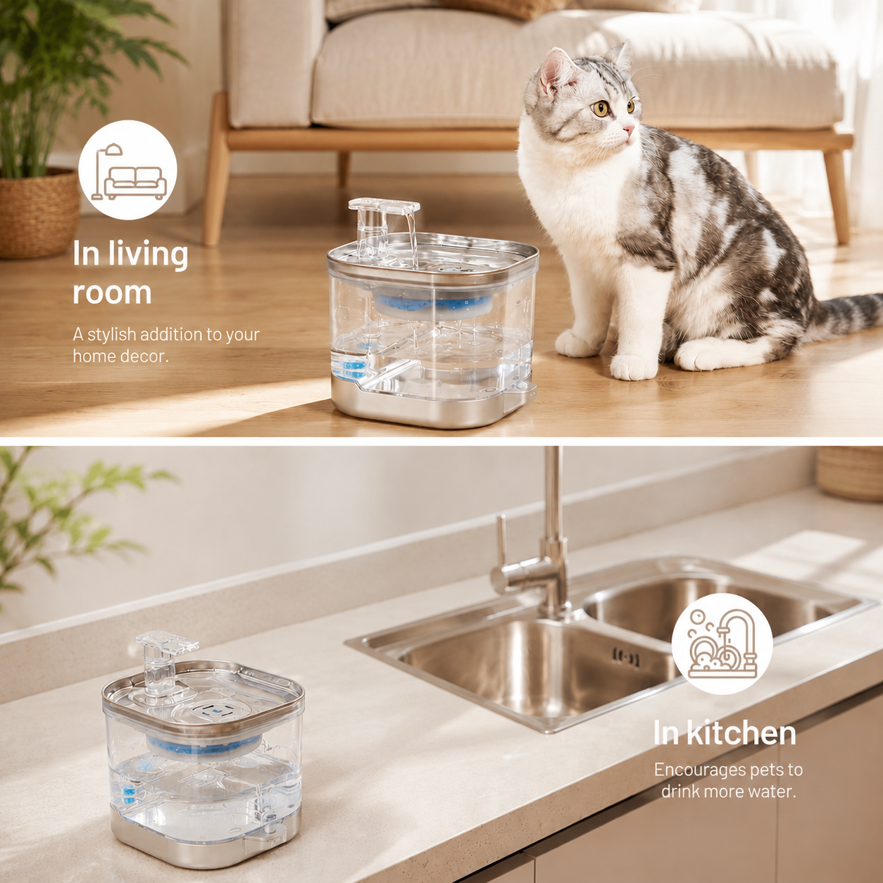 RolyCozy 2L Automatic Cat Water Fountain with 304 Stainless Steel Lid