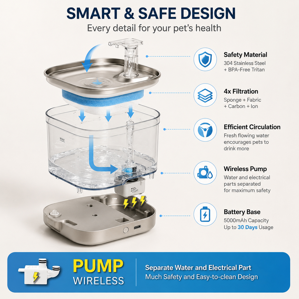 RolyCozy 2L Automatic Cat Water Fountain with 304 Stainless Steel Lid