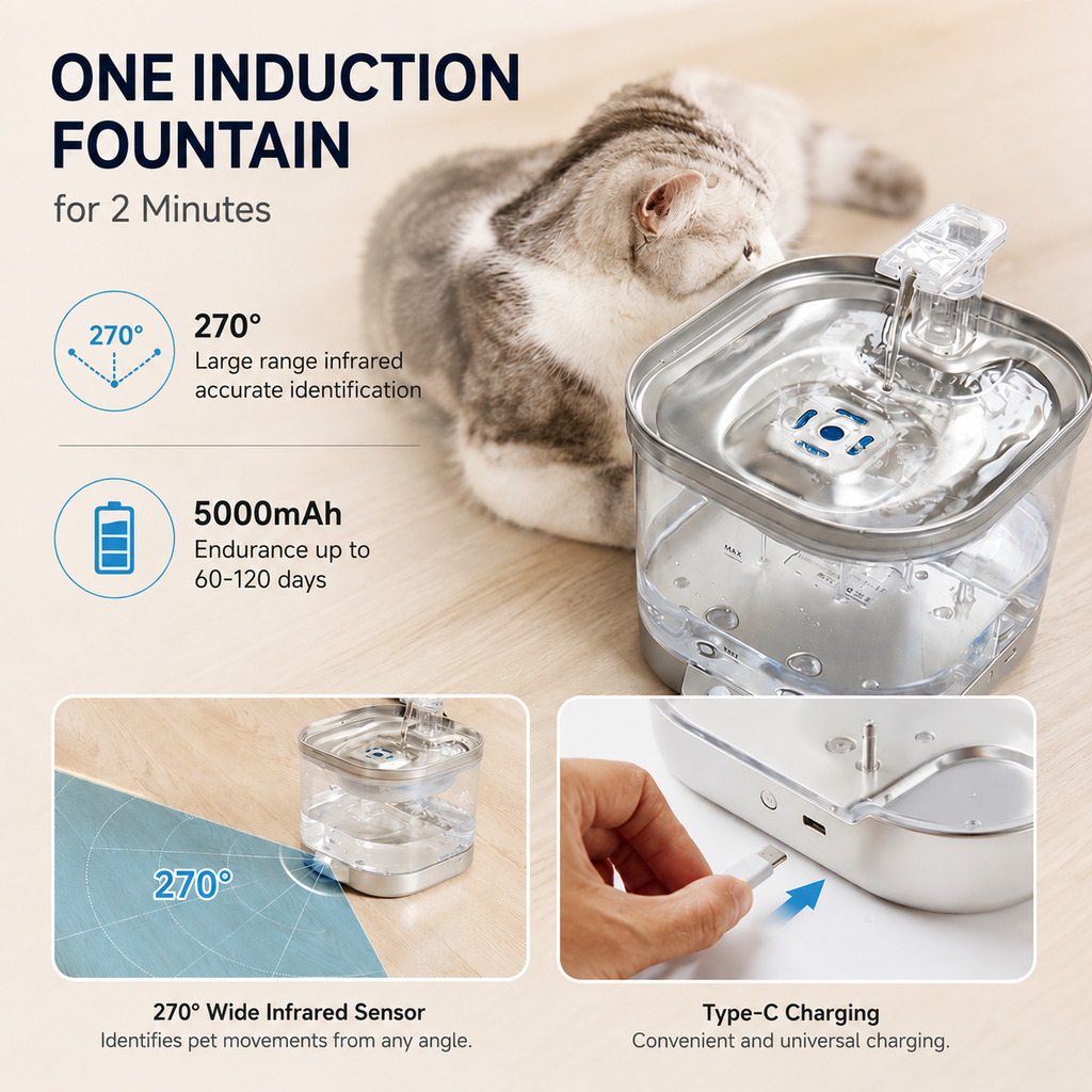 RolyCozy 2L Automatic Cat Water Fountain with 304 Stainless Steel Lid