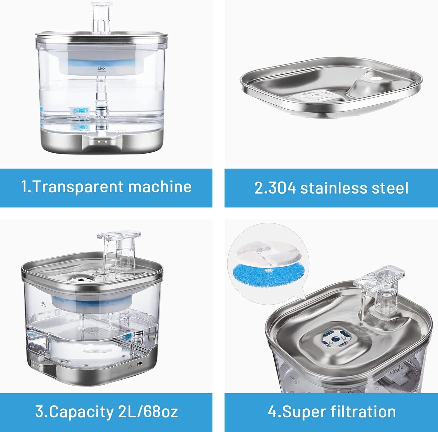 RolyCozy 2L Automatic Cat Water Fountain with 304 Stainless Steel Lid