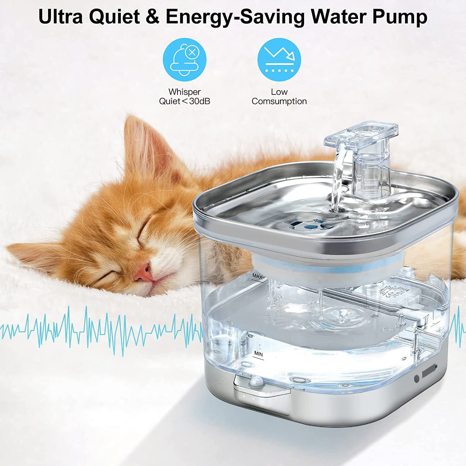 RolyCozy 2L Automatic Cat Water Fountain with 304 Stainless Steel Lid